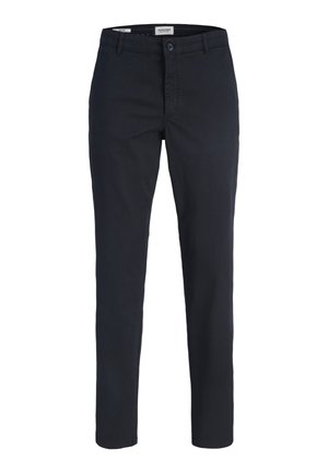 Schwarze Herren-Slim-Fit-Hose mit Knopf- und Reißverschluss, Gürtelschlaufen und Vordertaschen.