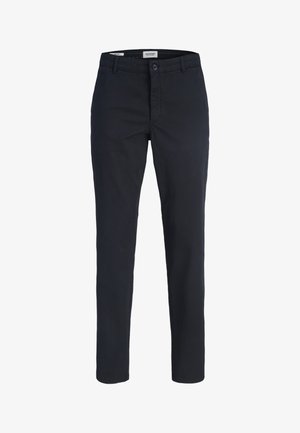 Férfi fekete slim-fit nadrág gombos és cipzáras záródással, övbujtatókkal és elülső zsebekkel.