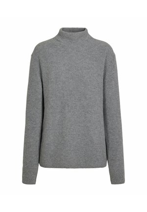 Pull en maille grise avec un col haut, des manches longues, une texture côtelée et une coupe décontractée. Sans motifs ni embellissements visibles.
