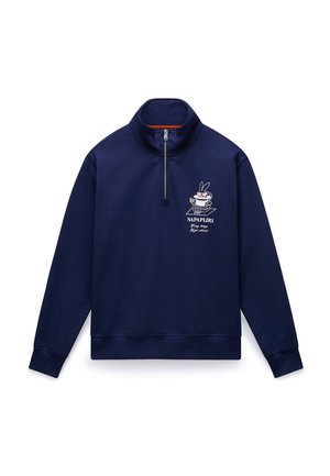 Marineblå sweatshirt med kvartlynlås, lange ærmer og hvid grafik af en kanin med briller over teksten "Napapijri" på brystet.