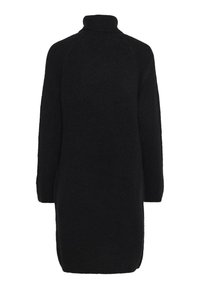 Robe en tricot noir à col roulé avec de longues manches raglan, une coupe décontractée et un ourlet arrière légèrement plus long. Tissu texturé doux sans motifs visibles.