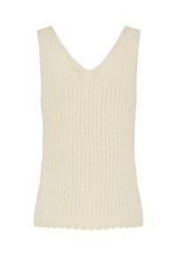 Haut sans manches en tricot couleur crème avec encolure en V et ourlet festonné, présentant un motif côtelé vertical.