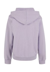 Sudadera de color púrpura claro con capucha regulable, puños y dobladillo acanalados. Textura de tela suave, diseño simple, sin logotipos ni patrones visibles.