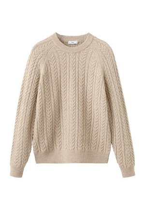 Suéter beige de punto de cable con cuello redondo, mangas ranglán y puños y dobladillo acanalados. Confeccionado con tela suave y texturizada.