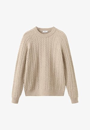 Suéter beige de punto de cable con cuello redondo, mangas ranglán y puños y dobladillo acanalados. Confeccionado con tela suave y texturizada.