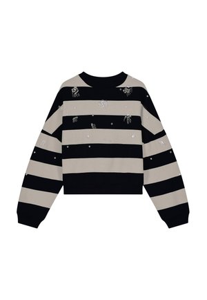 Zwart en beige gestreepte trui met lange mouwen, voorzien van kleine zilveren decoratieve accenten verspreid over de voorkant en de mouwen.