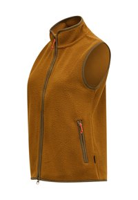 Braune Fleeceweste mit hohem Kragen, durchgehendem Reißverschluss vorne und zwei Seitentaschen; mit kontrastierendem grünem Besatz und orangefarbenen Reißverschlussdetails.