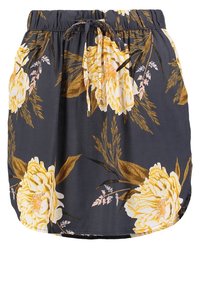 Jupe gris foncé à grands motifs floraux jaunes, taille élastique et cordon de serrage à l'avant avec embouts en métal.
