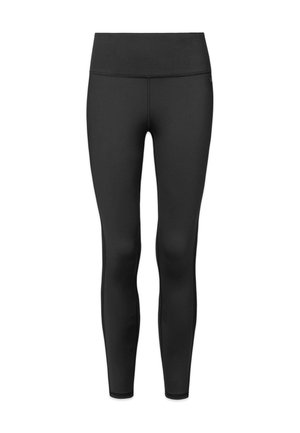 Schwarze Leggings aus einem glatten, dehnbaren Stoff. Hoher Taillenbund, enganliegende Form und ohne sichtbare Muster oder Akzente.