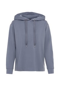 Hoodie i mjukt grått tyg, med dragsko med metalldetaljer, ribbade muddar och en avslappnad passform. Slät textur och minimalistisk design.