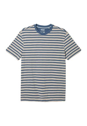 T-shirt à manches courtes et col rond avec des rayures horizontales bleu et beige, posé à plat sur un fond blanc.