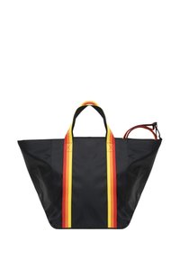 Grande borsa a tracolla nera con manici a righe gialle e rosse, realizzata in materiale resistente, dotata di un design spazioso e di una piccola borsa rimovibile.