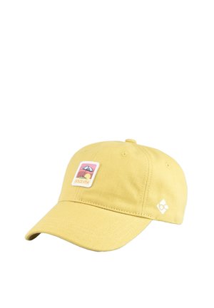 Gelbe Baseballkappe mit gebogenem Schirm, vorne mit einem Aufnäher eines Sonnenschirms und Sonnenuntergang sowie dem Schriftzug "DOLCE VITA".