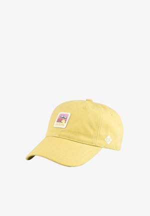 Gelbe Baseballkappe mit gebogenem Schirm, vorne mit einem Aufnäher eines Sonnenschirms und Sonnenuntergang sowie dem Schriftzug "DOLCE VITA".