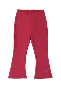Leggings fucsia svasati realizzati in un misto cotone elasticizzato, con vita elastica e un piccolo dettaglio a forma di cuore decorativo vicino all'orlo.