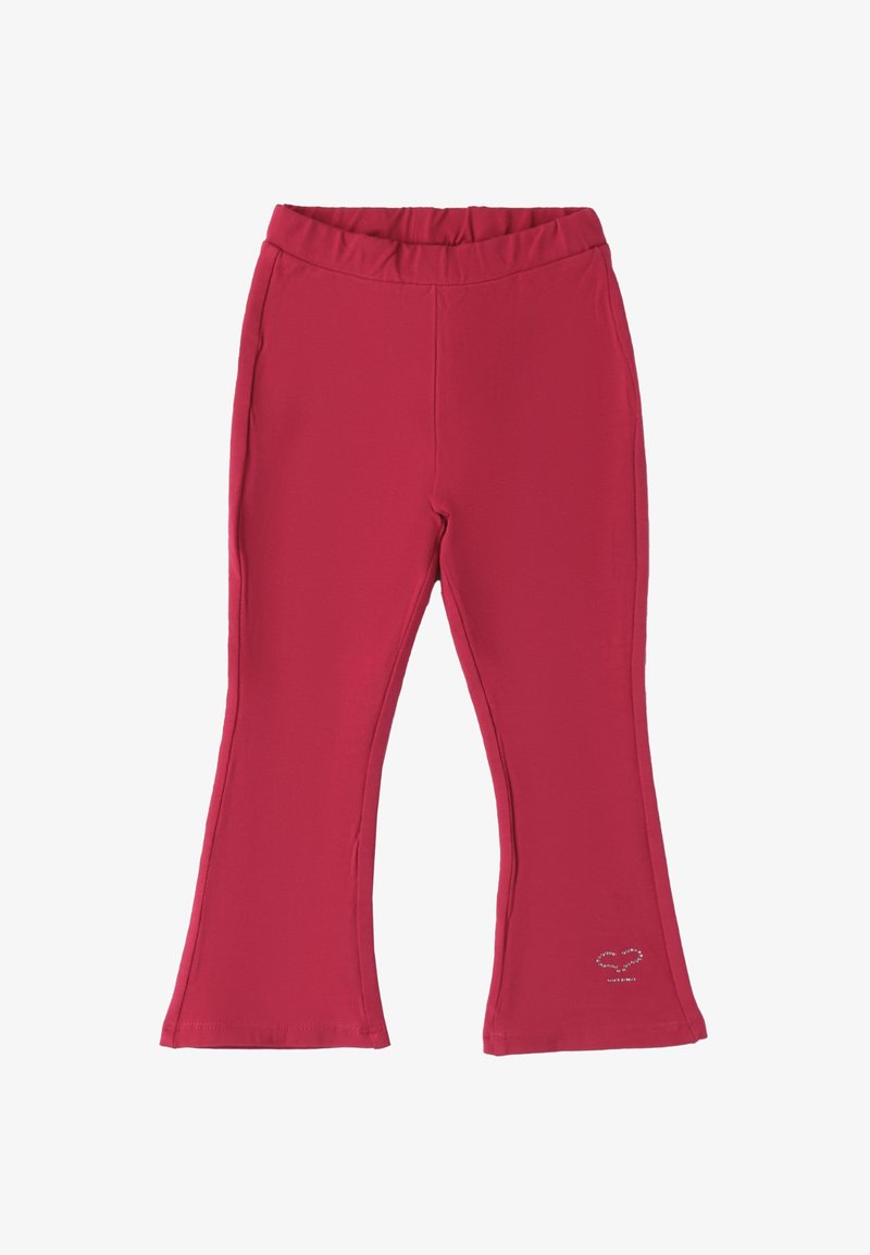 Leggings roses évasés en coton extensible avec une taille élastique et un petit détail en forme de cœur près de l'ourlet.