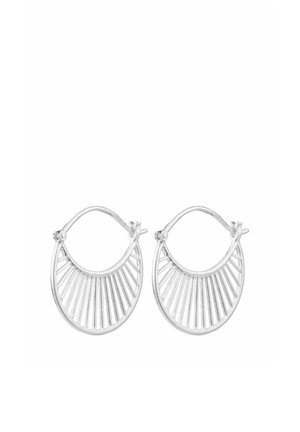 Pair of silver hoop earrings with a semi-circular open design featuring evenly spaced vertical bars inside each hoop.