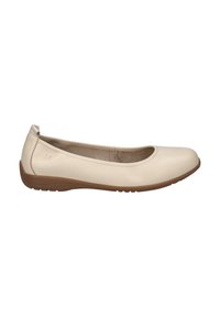 Beige leather ballet flats with a rounded toe, low heel, and textured rubber sole. Smooth finish with minimal stitching.