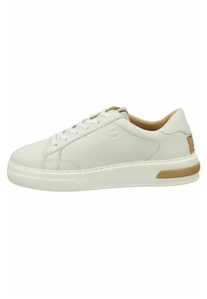 White leather casual sneaker with round toe, lace-up design, beige accents on heel and sole, and stitching details along the sides.