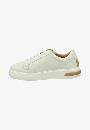 White leather casual sneaker with round toe, lace-up design, beige accents on heel and sole, and stitching details along the sides.