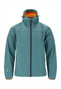 Teal softshell-jacka med svart dragkedja, orange innervaddering, justerbar huva och elastiska ärmslut. Har sidofickor med dragkedja.