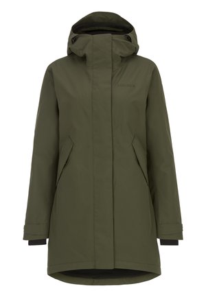 Parka imperméable vert olive avec un col haut, une capuche réglable et des poches latérales. Dotée de poignets à accents noirs et d'une silhouette droite.
