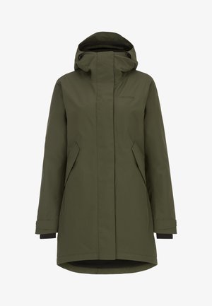 Olive green waterproof parka with a high collar, adjustable hood, and side pockets. Features black accent cuffs and a straight silhouette.