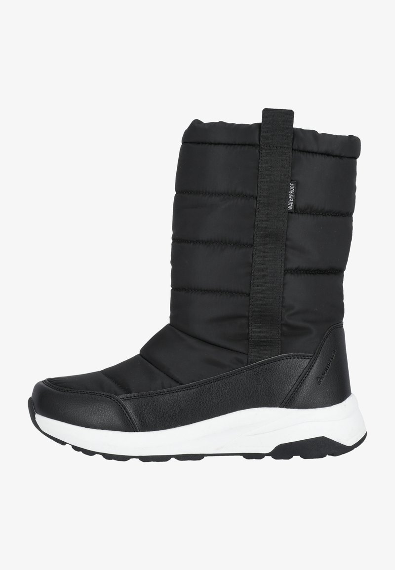 Botas negras impermeables con parte superior acolchada, panel lateral elástico y suela de goma blanca. Acabados de cuero liso en la punta y el talón.