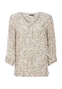 Blouse en imprimé zèbre beige et blanc avec un col en V, des manches trois-quarts, en tissu léger et à coupe décontractée. Présente une texture douce.