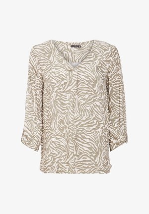 Beige and white zebra-print blouse with a V-neck, three-quarter sleeves, lightweight fabric, and a relaxed fit. Features soft texture.