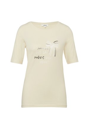 Cream short-sleeve t-shirt with French text "L'amour est la poésie des sens" and a decorative ribbon graphic on the front.