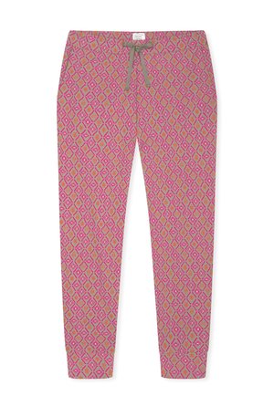 Patterned sweatpants featuring a pink and beige geometric design with leaf motifs. Made of soft fabric, with a drawstring waistband.