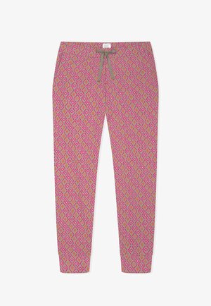 Patterned sweatpants featuring a pink and beige geometric design with leaf motifs. Made of soft fabric, with a drawstring waistband.