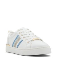White sneaker with light blue and patterned accents, textured leather upper, gold hardware details, and rubber sole.