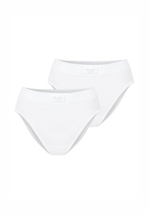 Zwei weiße Baumwoll-Slips im Brief-Stil mit elastischen Bund und kleinen Markenlogos in der vorderen Mitte.