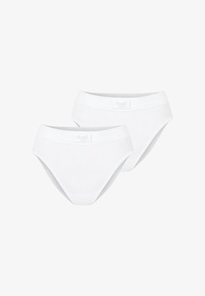 Zwei weiße Baumwoll-Slips im Brief-Stil mit elastischen Bund und kleinen Markenlogos in der vorderen Mitte.