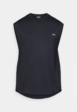 Dark navy sleeveless athletic shirt made of textured fabric. Features a rounded hem and a small logo on the front left. Breathable design.