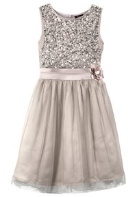Robe sans manches avec un corsage en sequins, taille en ruban beige et une fleur décorative. Jupe évasée, légère et superposée en beige doux.
