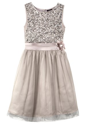 Abito senza maniche con un corpetto di paillettes, vita in nastro beige e un fiore decorativo. Gonna trasparente, fluida e a strati in un morbido beige.