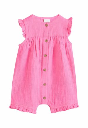 Ärmelloser rosa Baby-Strampler mit Holzknöpfen vorne, gerafften Schultern und Beinöffnungen, aus strukturiertem Stoff gefertigt.