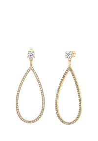 Guld dråbeøreringe med en hvid crystals stud og en klar rhinestone kant, der tilbyder et elegant, forlænget design og en glat overflade.