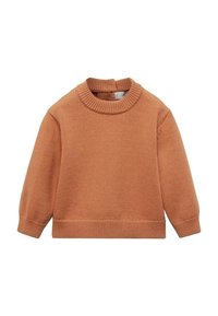 Knitted sweater in rust orange, featuring a round neckline, long sleeves, ribbed cuffs, and a straight hem. Made of soft textured material.