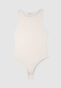 Jasnobeżowy body ma bezrękawowy krój, okrągły dekolt i zapięcia na napy u dołu. Gładki materiał i dopasowany fason.