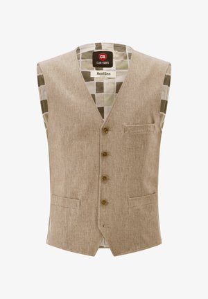 Beige ärmellose Weste mit V-Ausschnitt, fünf vorderen Knöpfen, zwei Seitentaschen und einem gemusterten grün-weißen Innenfutter.