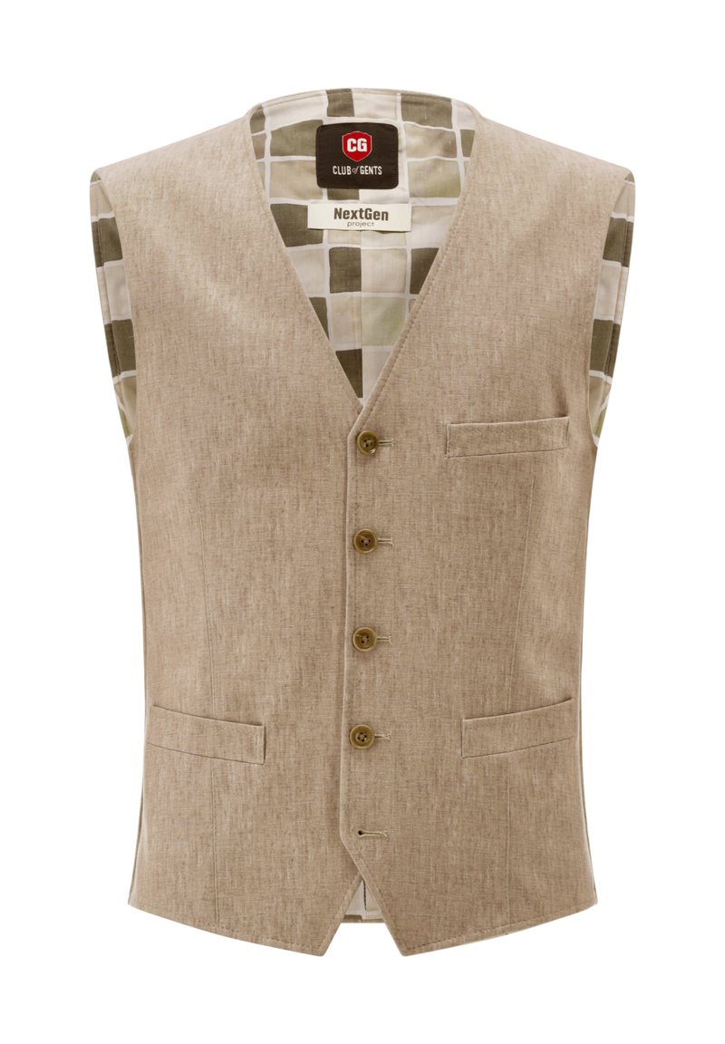 Beige ärmellose Weste mit V-Ausschnitt, fünf vorderen Knöpfen, zwei Seitentaschen und einem gemusterten grün-weißen Innenfutter.