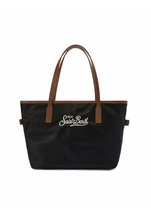 Sac cabas noir avec poignées et garniture en cuir marron, arborant le logo script blanc "MC2 Saint Barth" sur le devant.