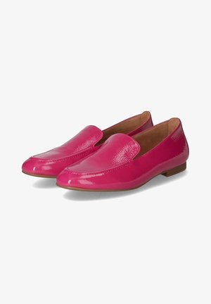 Pink patent leather loafers with a smooth texture, rounded toe, and minimal stitching detail. Flat sole with a low heel.