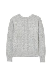 Maglione grigio lavorato a maglia con motivo a treccia, colletto rotondo e orlo a coste. Dotato di maniche lunghe e ampie e di una texture morbida.