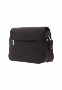 Borsa a tracolla marrone realizzata in materiale resistente, dotata di una tasca frontale con zip, tracolla regolabile e superficie liscia con chiusura a patta.