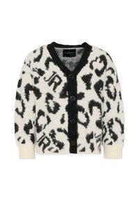 Cardigan lavorato a maglia bianco con stampa leopardata nera, scollo a V, chiusura frontale con cinque bottoni e polsini a costine. Etichettato "RICHMOND" all'interno.